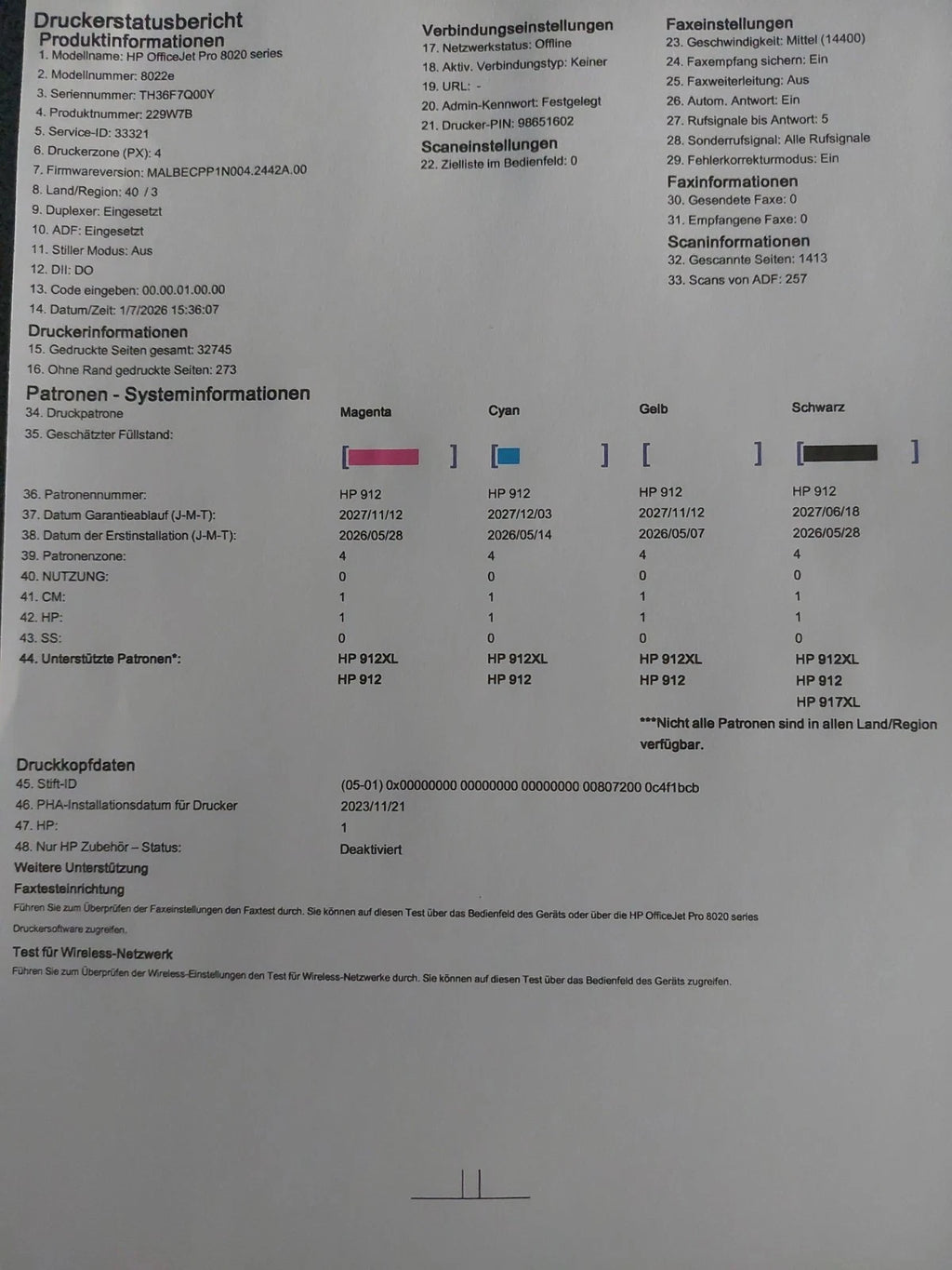 HP OfficeJet Pro 8022e Drucker Fax Duplex USB Scanner WLAN kopierer MitrestTinte
