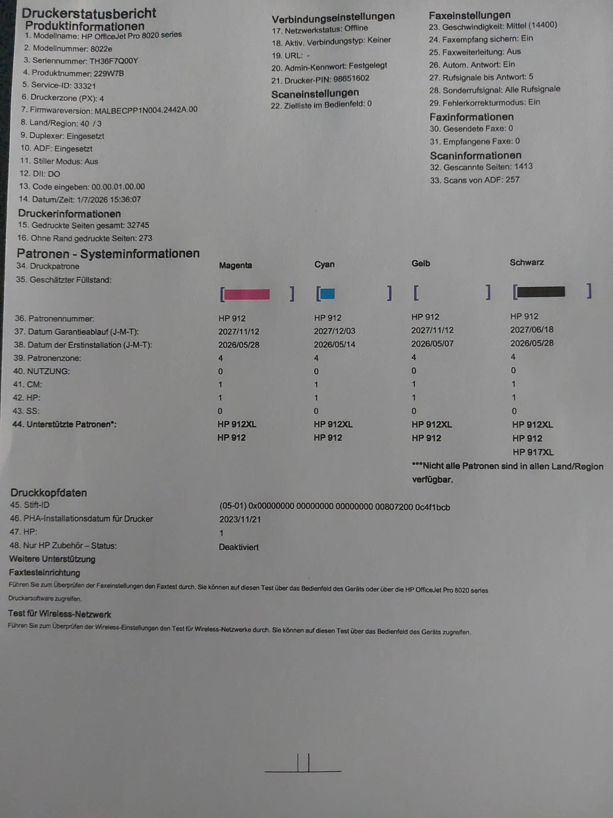HP OfficeJet Pro 8022e Drucker Fax Duplex USB Scanner WLAN kopierer MitrestTinte
